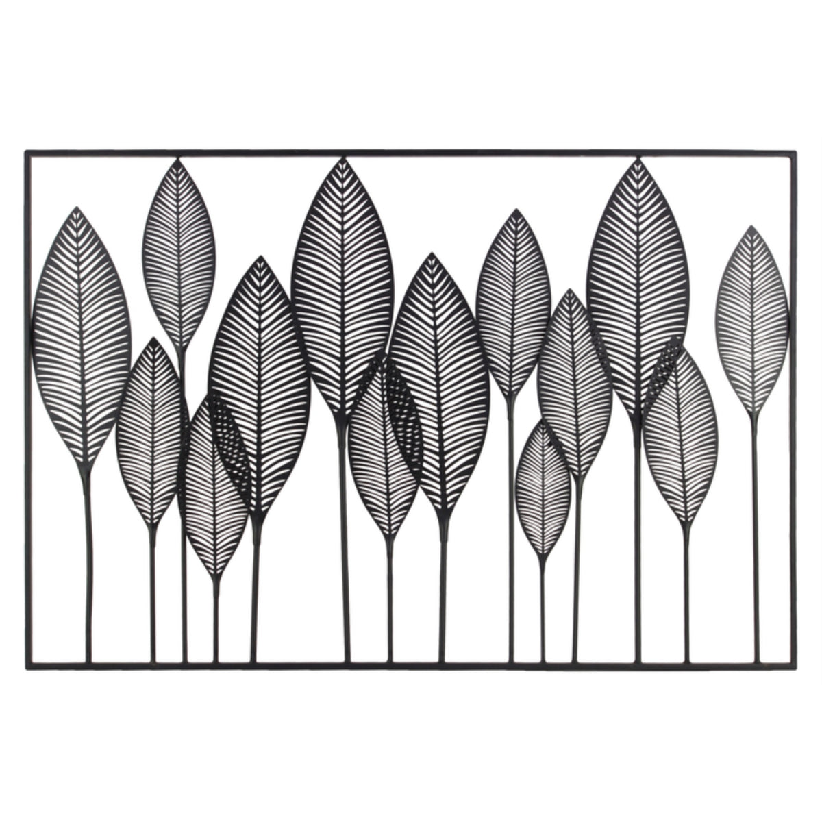 Metal Wall Art Of Leaves With Frame In Landscape Orientation Metallic Finish Black