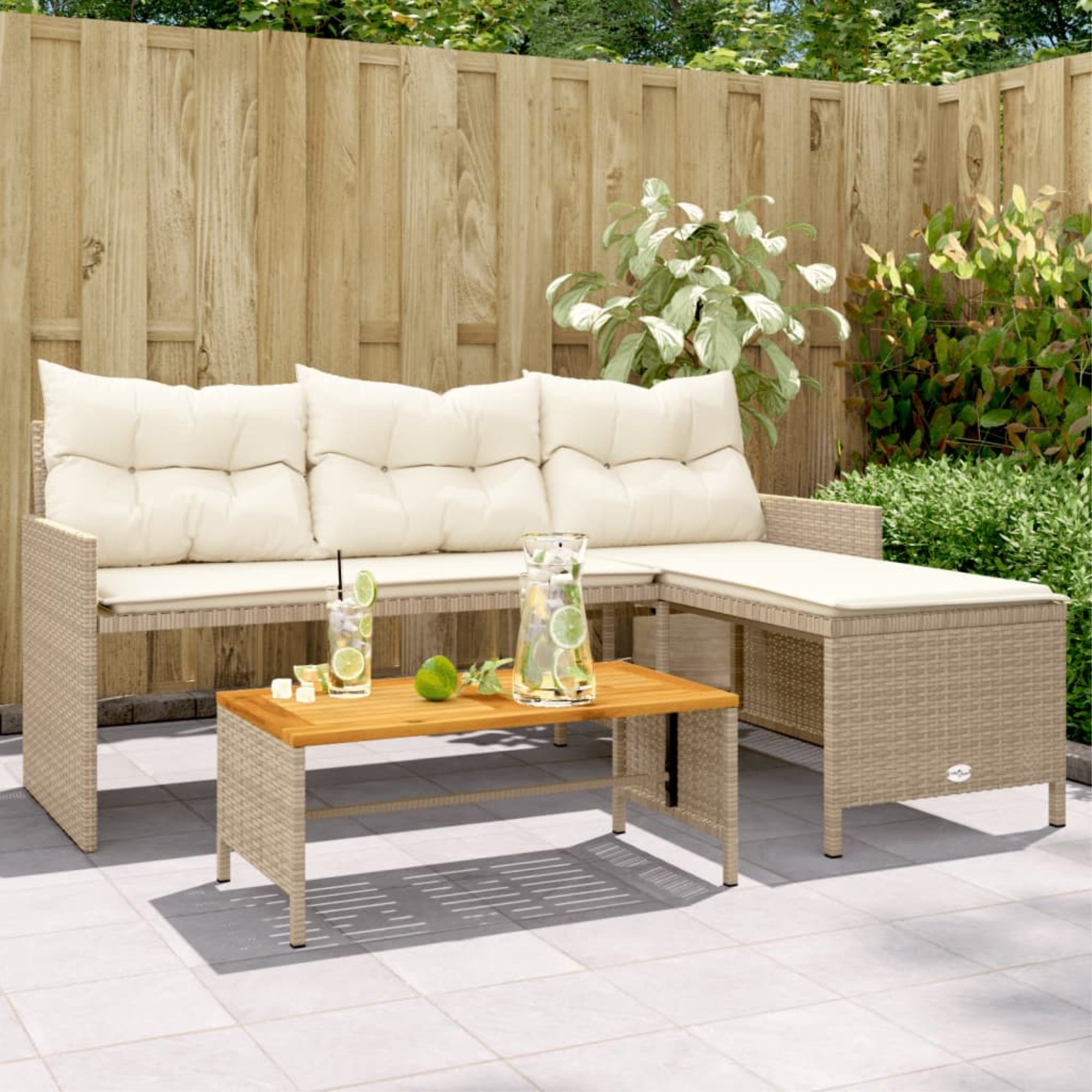 Vidaxl Patio Sofa With Table And Cushions L-Shaped Beige Poly Rattan