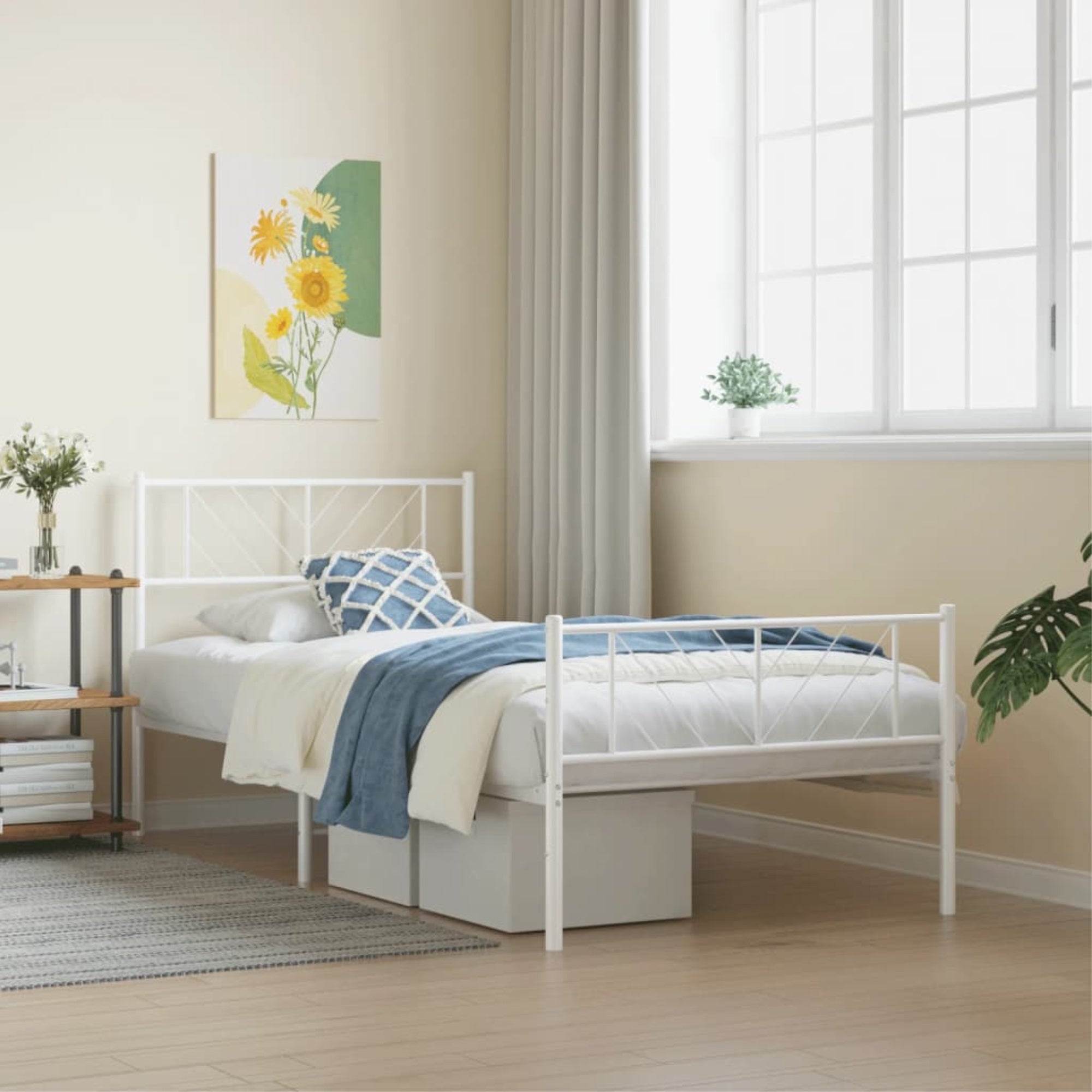 vidaXL Metal Bed Frame with Headboard and Footboard White 39.4″x74.8″ Twin