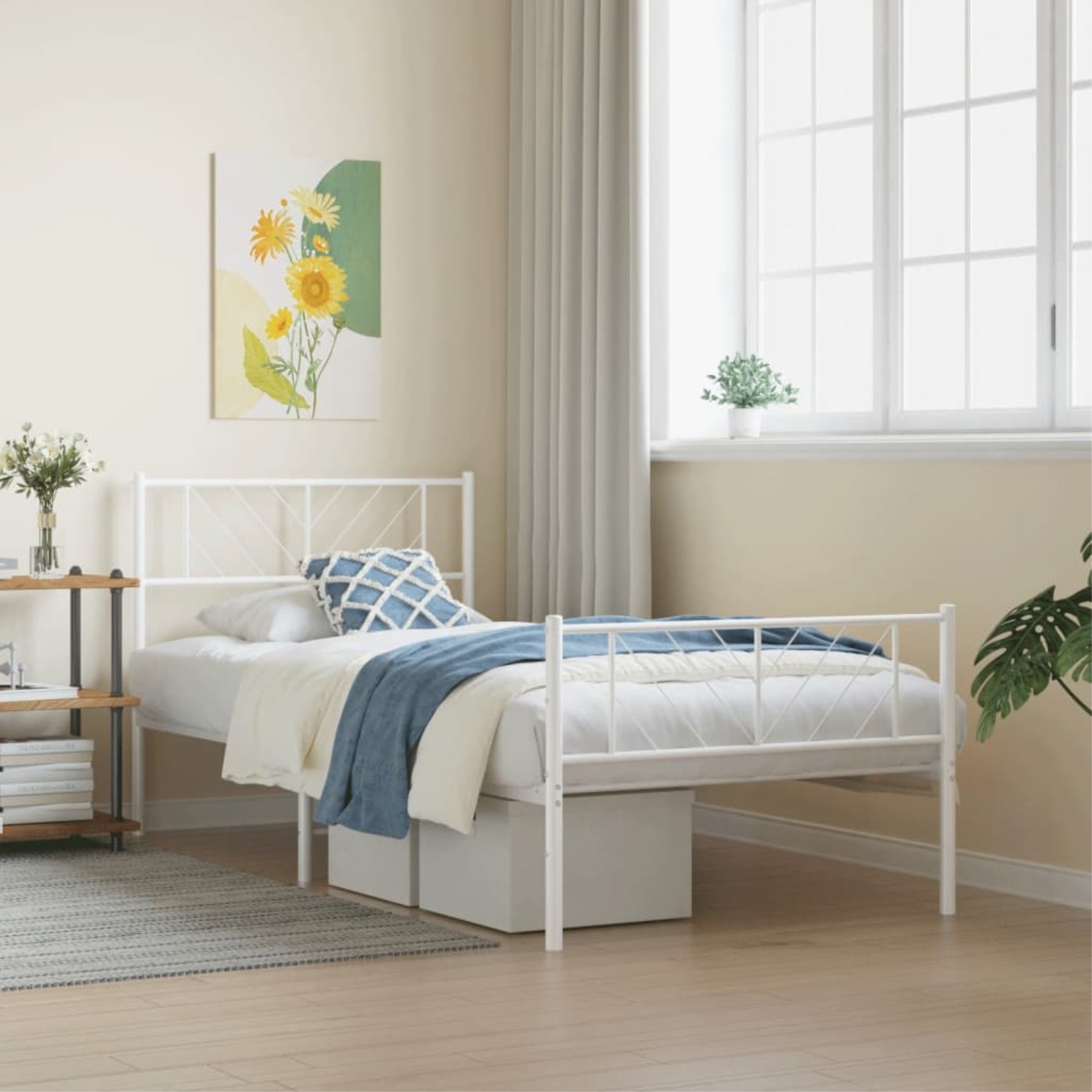 vidaXL Metal Bed Frame with Headboard and Footboard White 39.4″x78.7″