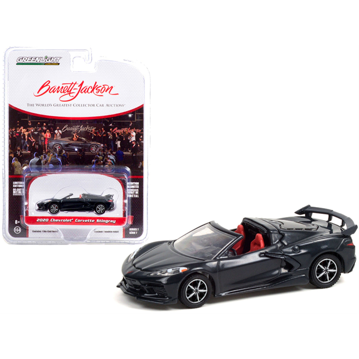 2020 Chevrolet Corvette C8 Stingray Convertible Shadow Gray Metallic With Adrenaline Red Interior (Lot 3002) Barrett Jackson Scottsdale Edition Series 7 1/64 Diecast Model Car By Greenlight