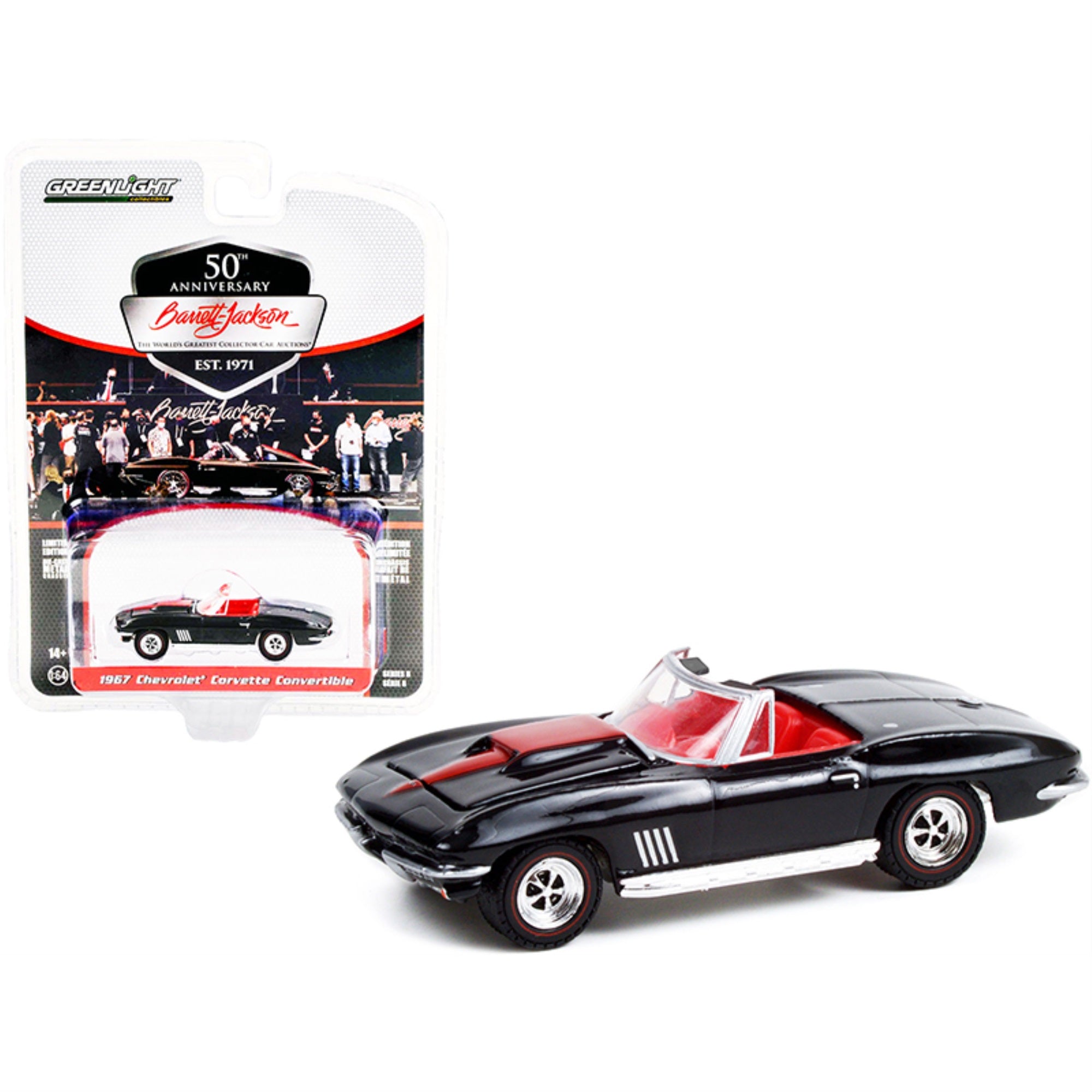 1967 Chevrolet Corvette Convertible Black with Red Stripe and Red Interior (Lot 1367) Barrett Jackson Scottsdale Edition Series 8 1/64 Diecast Model Car by Greenlight