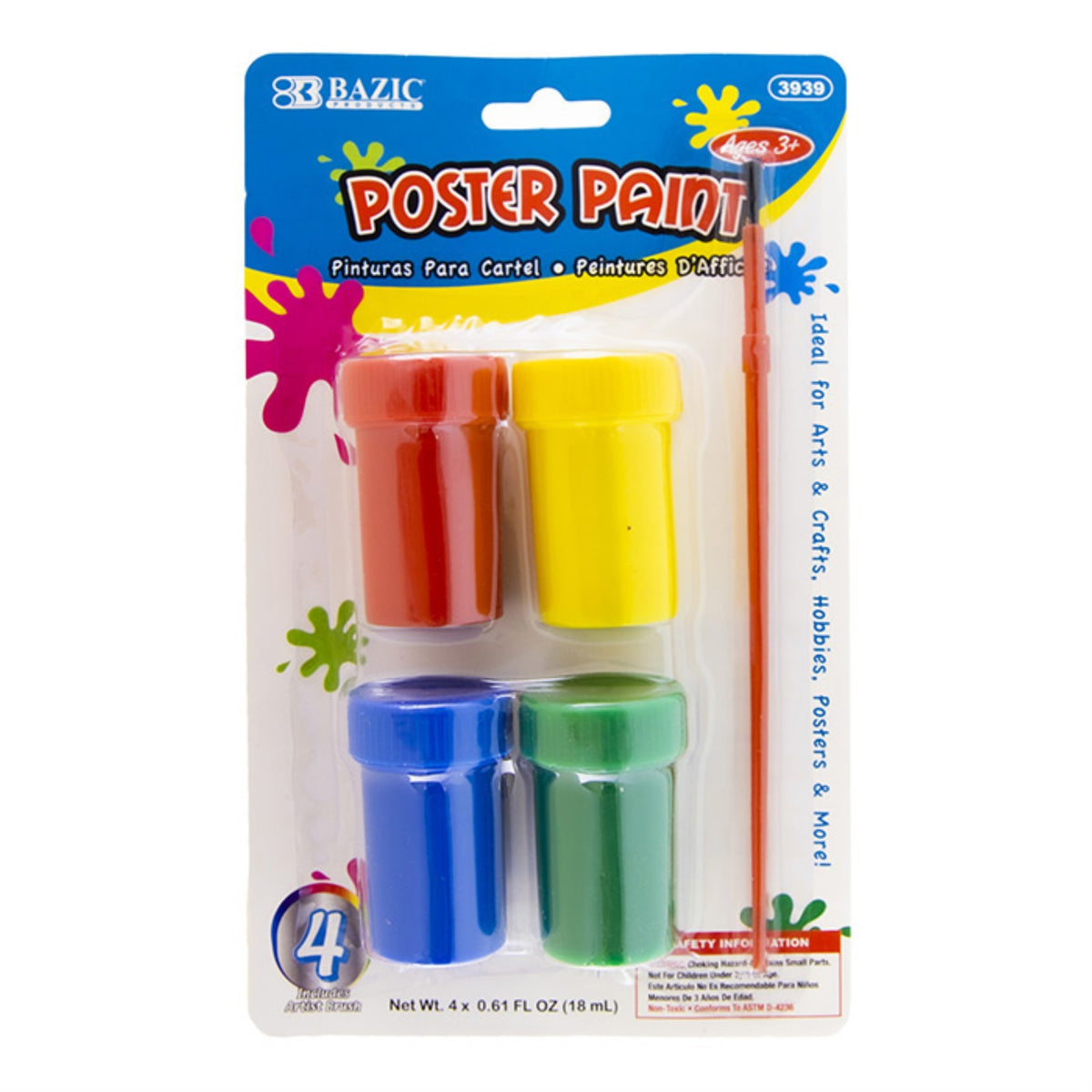 Bazic 0.6 Fl Oz (18 Ml) 4 Color Poster Paint W/ Brush / Box Qty - 24