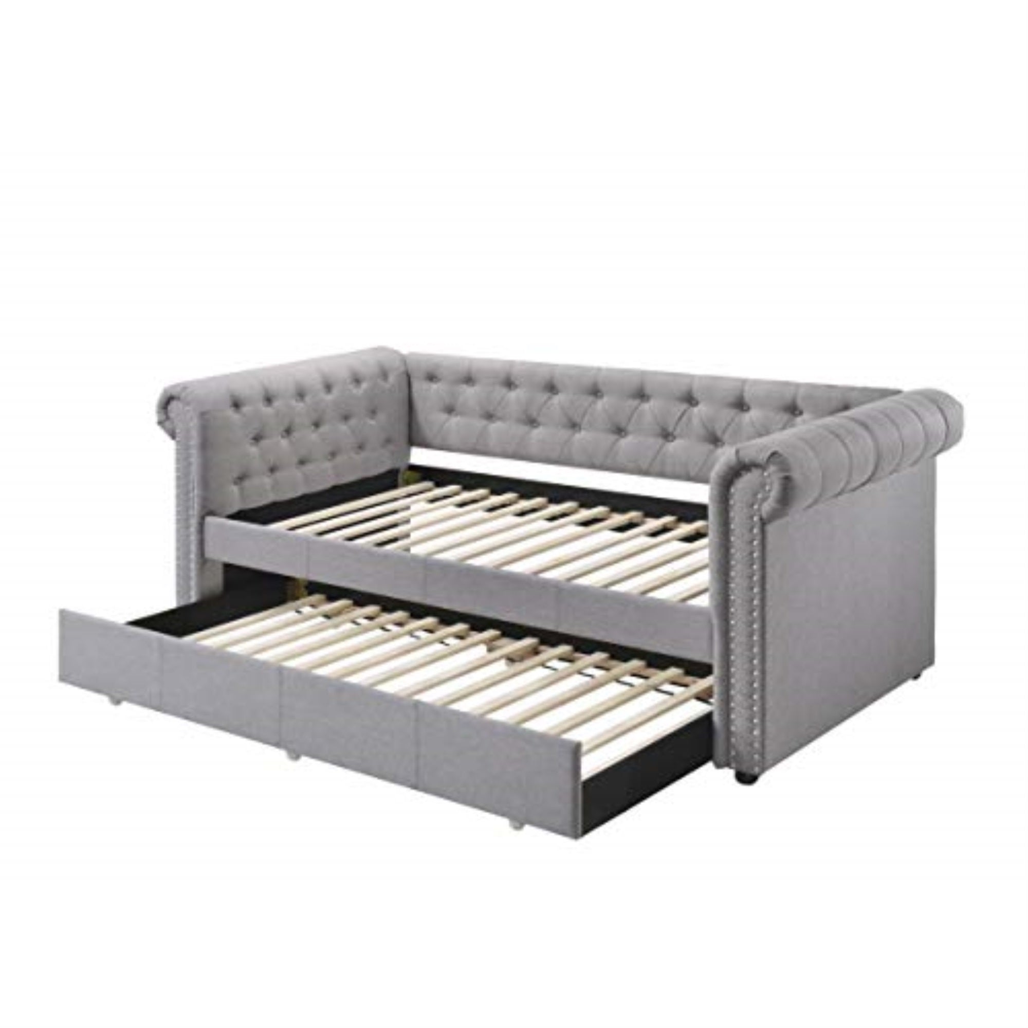 Yadlio Daybed & Trundle (Twin Size) Smoke Gray Fabric - Vintage Luxe with Nail Head Trim & Button Tuft Detailing - Includes Under-Bed Trundle - Fully Padded - Box Spring Not Required