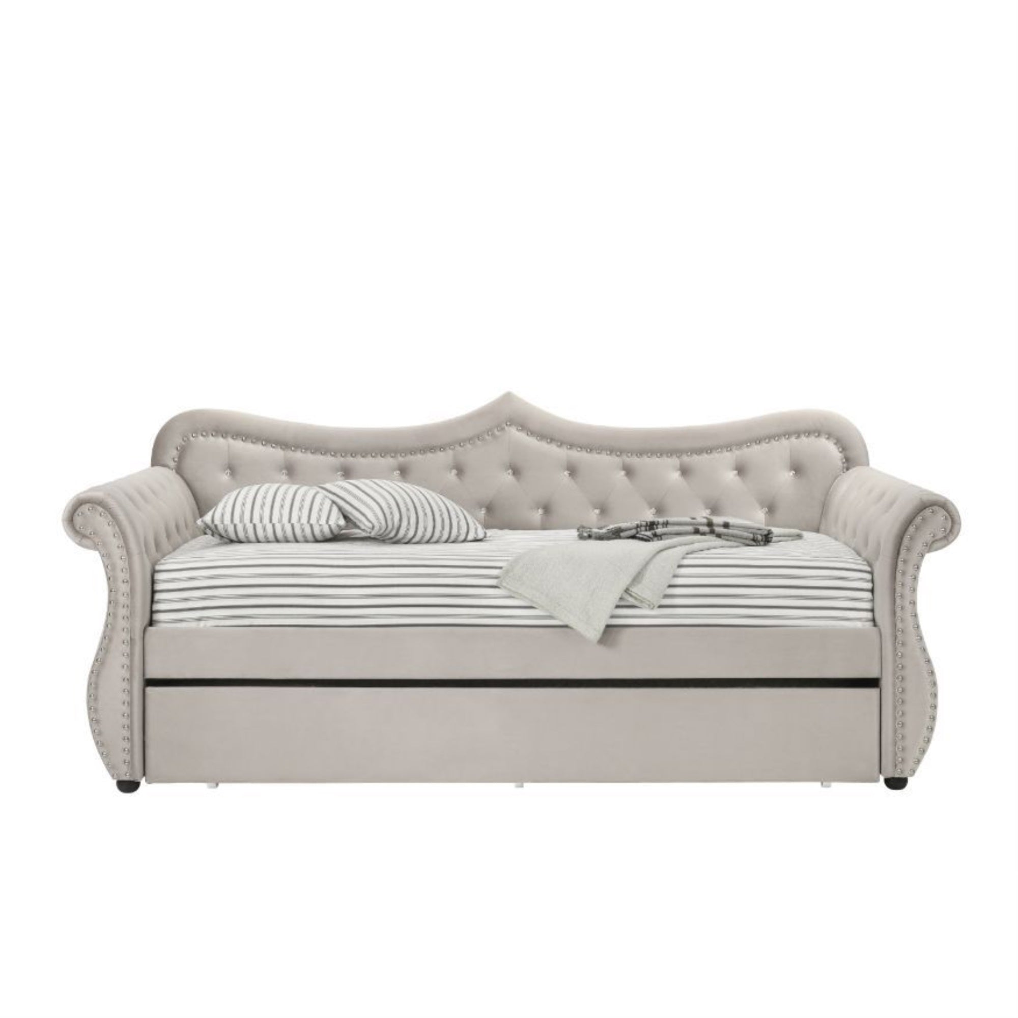 Yadlio Daybed & Trundle, Beige Linen - Classic Silhouette, Button Tufted, Nail-Head Trim - Perfect Dream Bedroom Furniture Set