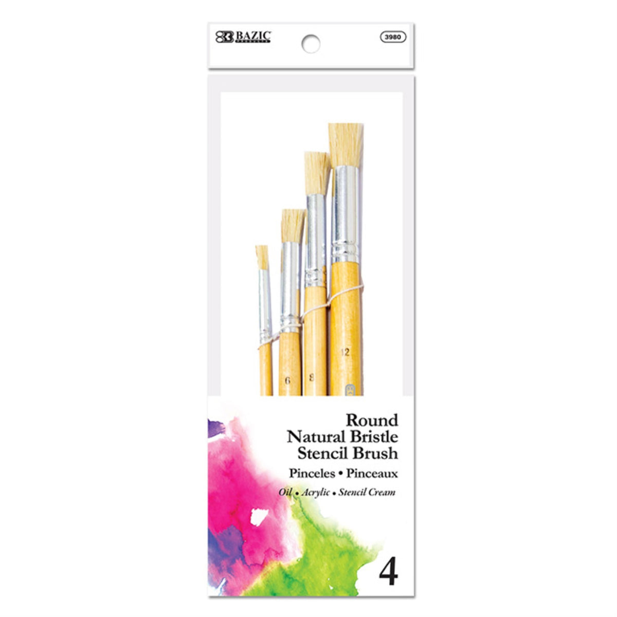 Bazic Round Natural Bristle Stencil Brush (4/Pack) / Box Qty - 24