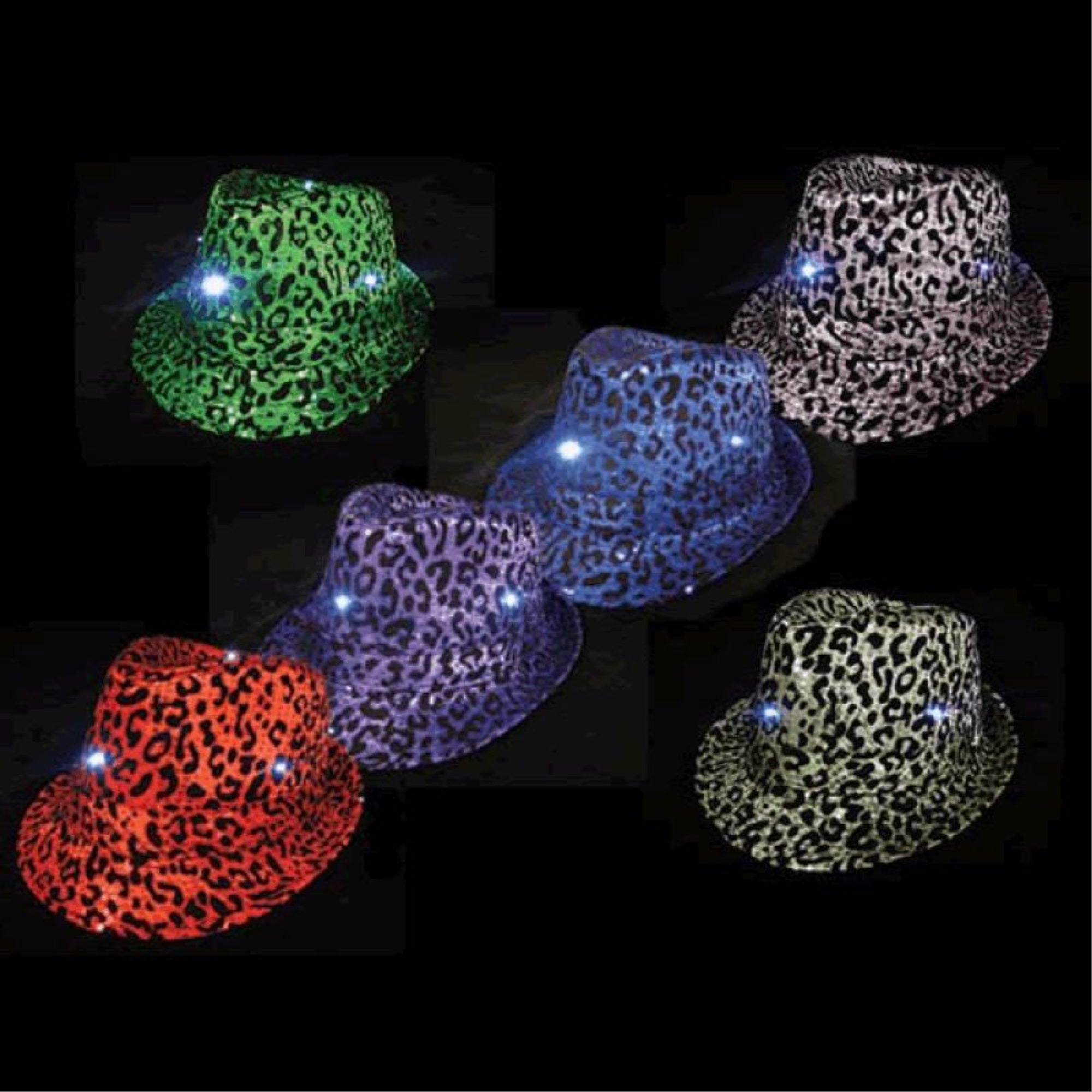 1 Dozen Assorted Colors Leopard LED Flashing Fedora Hat with Sequins