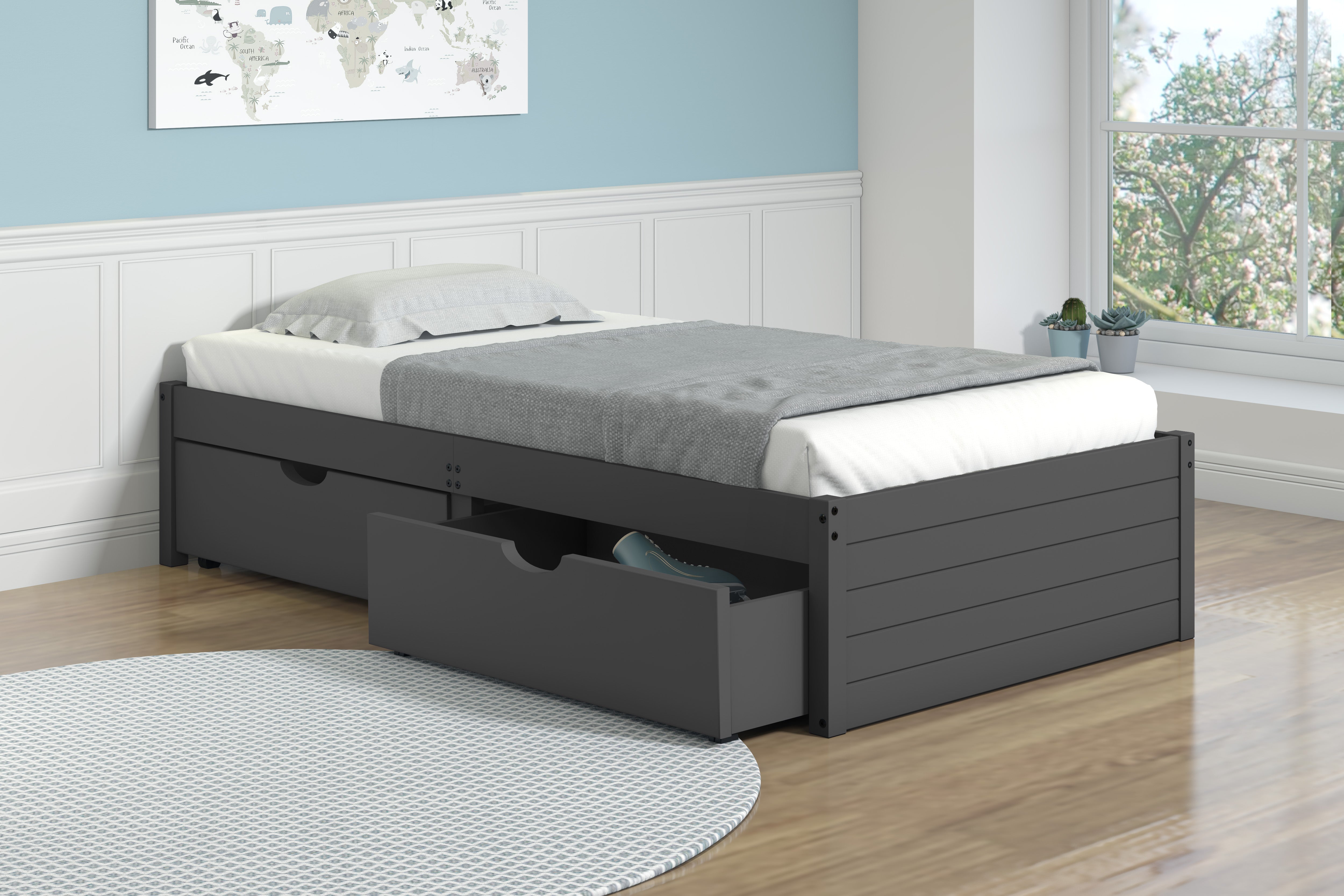 TWIN PLATFORM BED WITH DUAL UNDER BED DRAWERS IN DARK GREY FINISH