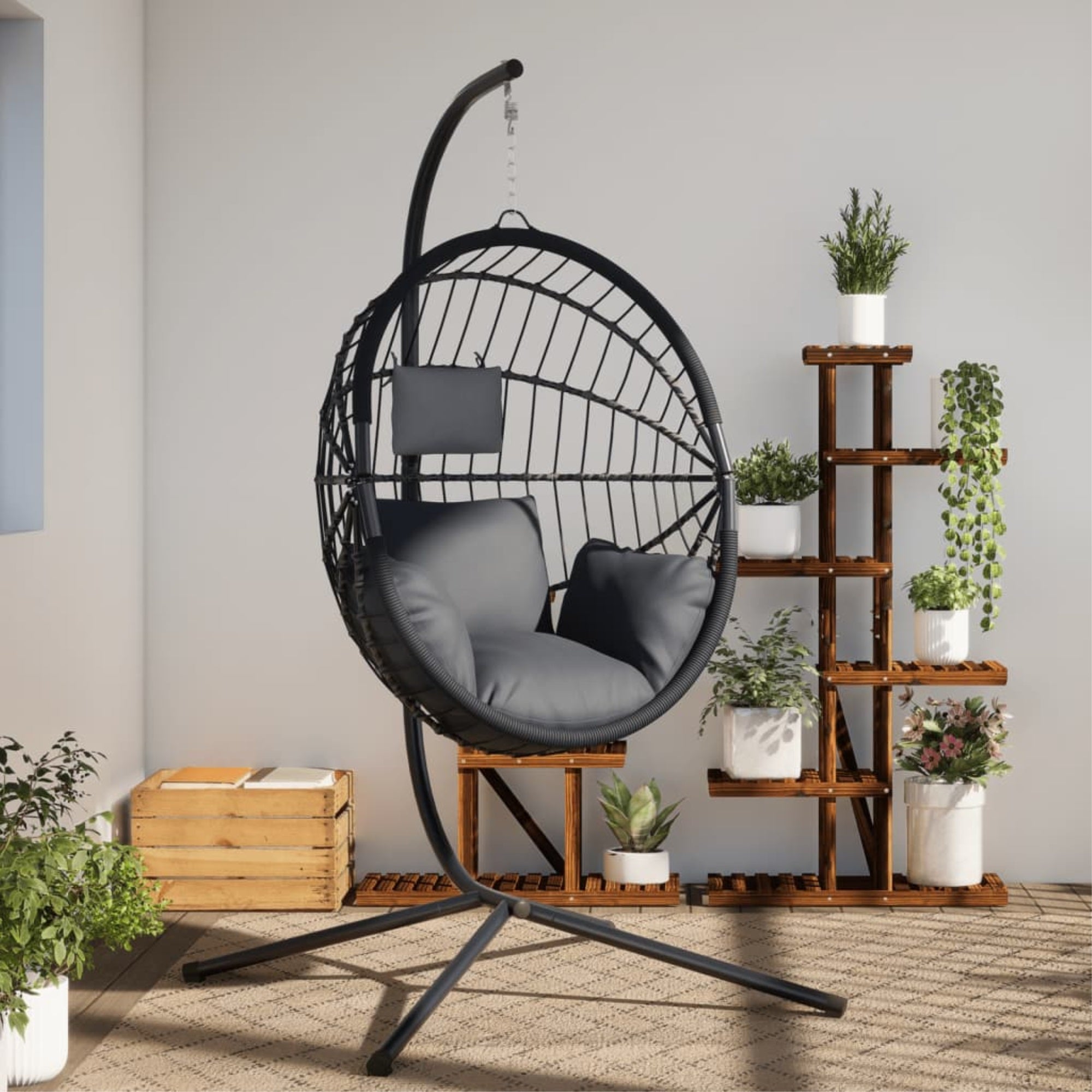 vidaXL Hanging Egg Chair with Stand Anthracite Rattan and Steel