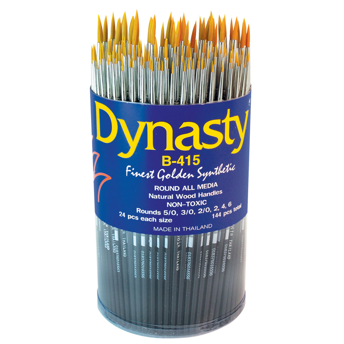 Dynasty Brush B-415 Fine Golden Synthetic Nylon Brushes In Round Canister, Short Wood Handle, Assorted Sizes, Black, Set Of 144