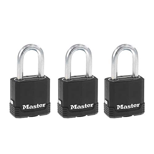 Master Lock Magnum Outdoor Padlock With Key And Weatherproof Cover, Keyed Alike Gate Locks, 3 Pack, Black And Silver