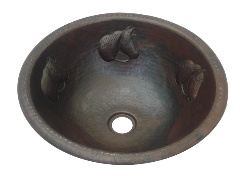 INNOVA COPPER ROUND BATH SINK HORSES DESIGN FLAT LIP 17X17X6 G18 DARK BROWN