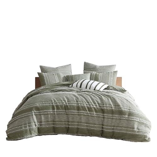 Meo 5pc Queen Size Comforter Set, Green Textured Woven  Stripe