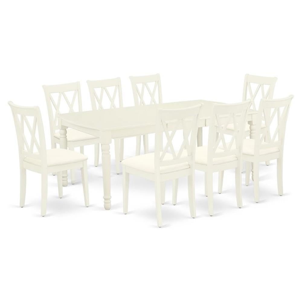 DOCL9-LWH-C 9Pc Dining Set Includes a Rectangle Dinette Table with Butterfly Leaf and Eight Double X Back Linen seat Kitchen Chairs, Linen White Finish