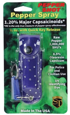 Pepper Shot 1.2% MC 1/2 oz rhinestone leatherette holster and quick release keychain blue