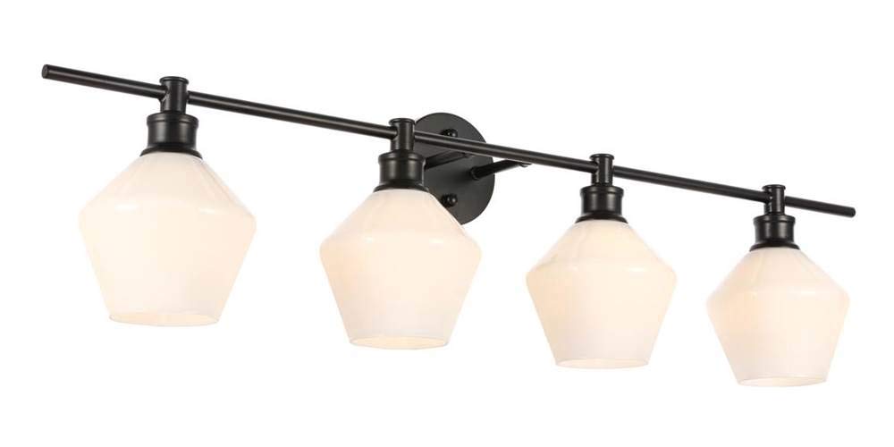 Living District Gene Industrial Mid-Century Modern 4 Light Entryway And Bathroom Wall Sconce In Black And Frosted White Glass