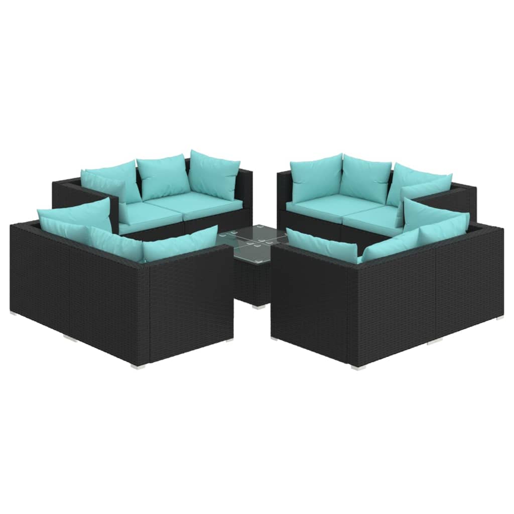 vidaXL 9 Piece Patio Lounge Set with Cushions Poly Rattan Black