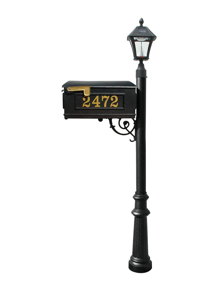 Mailbox, Post in black color, w/ Vinyl numbers on mailbox, black support brace, black fluted base, and black Bayview solar lamp