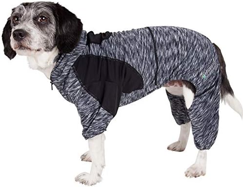 Pet Life  Active Downward Dog Heathered Performance 4-Way Stretch Two-Toned Full Body Warm Up Hoodie, Black - Small