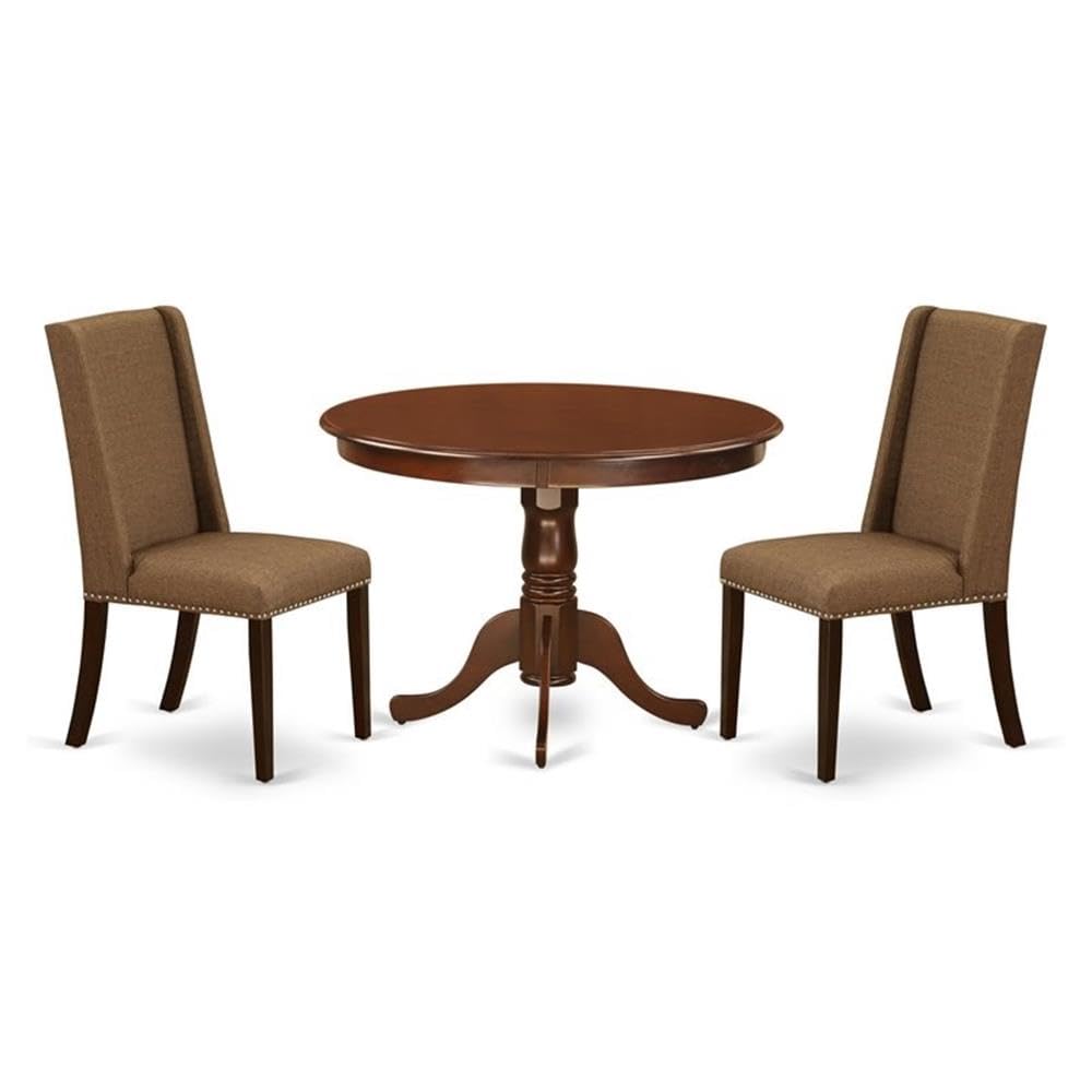East West Furniture HLFL3-MAH-18 3 Piece Dining Room Furniture Set Contains a Round Dining Table with Pedestal and 2 Brown Linen Linen Fabric Parsons Chairs, 42x42 Inch, Mahogany
