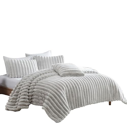 Sieno 4pc King Comforter Set, Gray Faux Fur and Micro Mink Backing