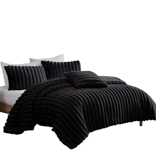 Sieno 4pc King Comforter Set, Shams, Black Faux Fur, Micro Mink Back