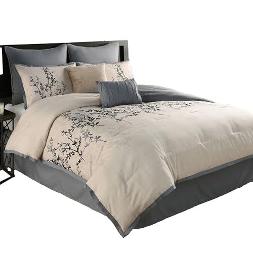 Yedy 8pc King Size Comforter Set, Blue and Cream Floral Embroidery