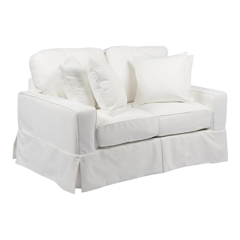 Sunset Trading Americana Box Cushion Slipcovered Loveseat | Stain Resistant Performance Fabric | White