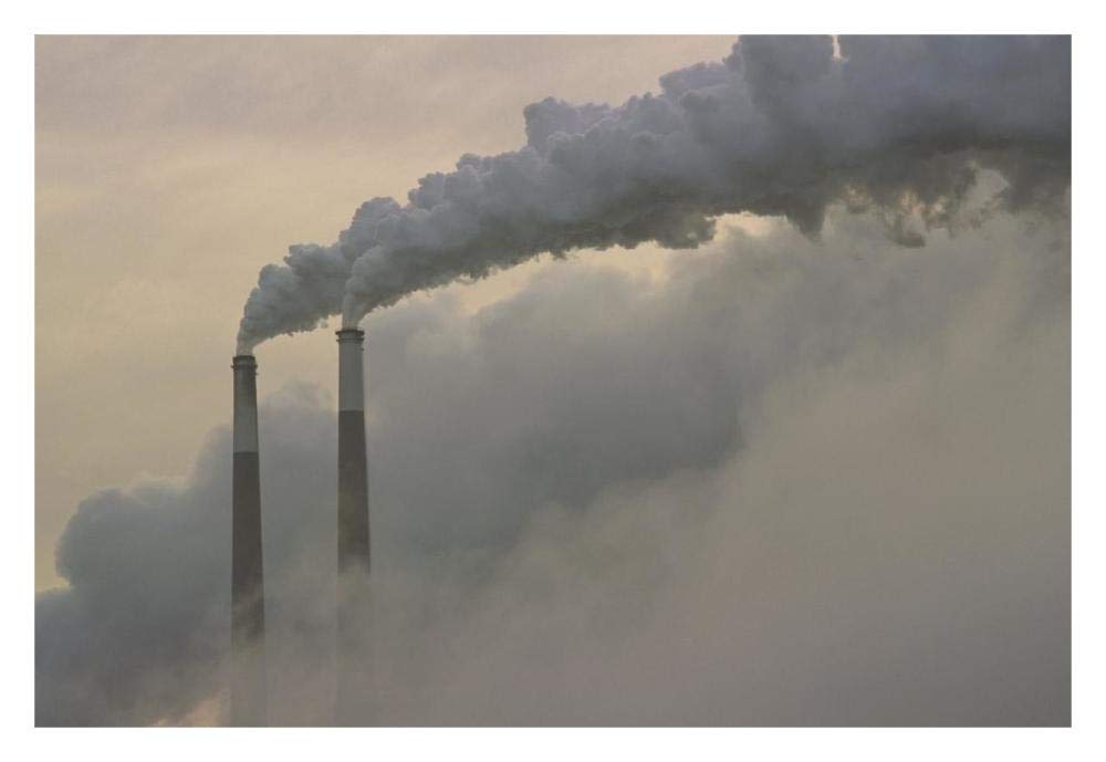 Gas effluence pouring out of smoke stacks at nuclear power plant, upper Ohio River, Ohio-Paper Art-32x22”