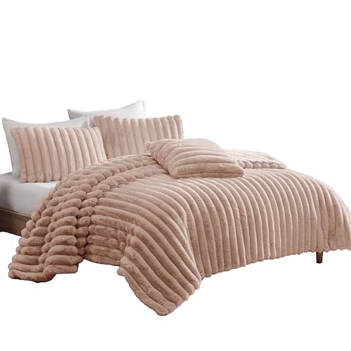 Sieno 4pc King Comforter Set,  Pink Faux Fur, Micro Mink Backing