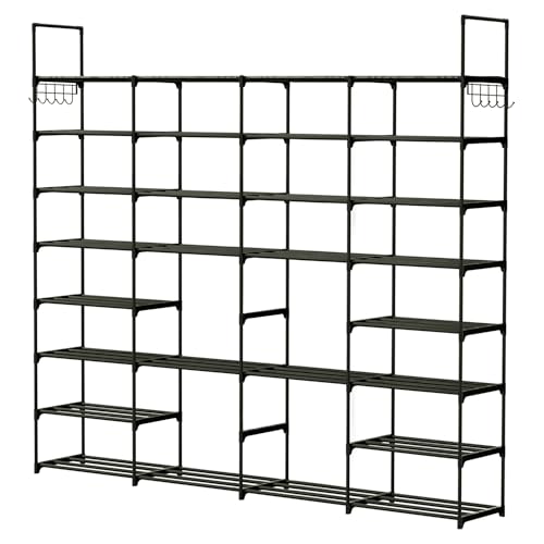 8-Tier 4-Row Shoe Rack Metal Shoe Storage Shelf Free Standing Large Shoe Stand 56 Pairs Shoe Tower Unit Tall Shoe Organizer with 2 Hooks for Entryway