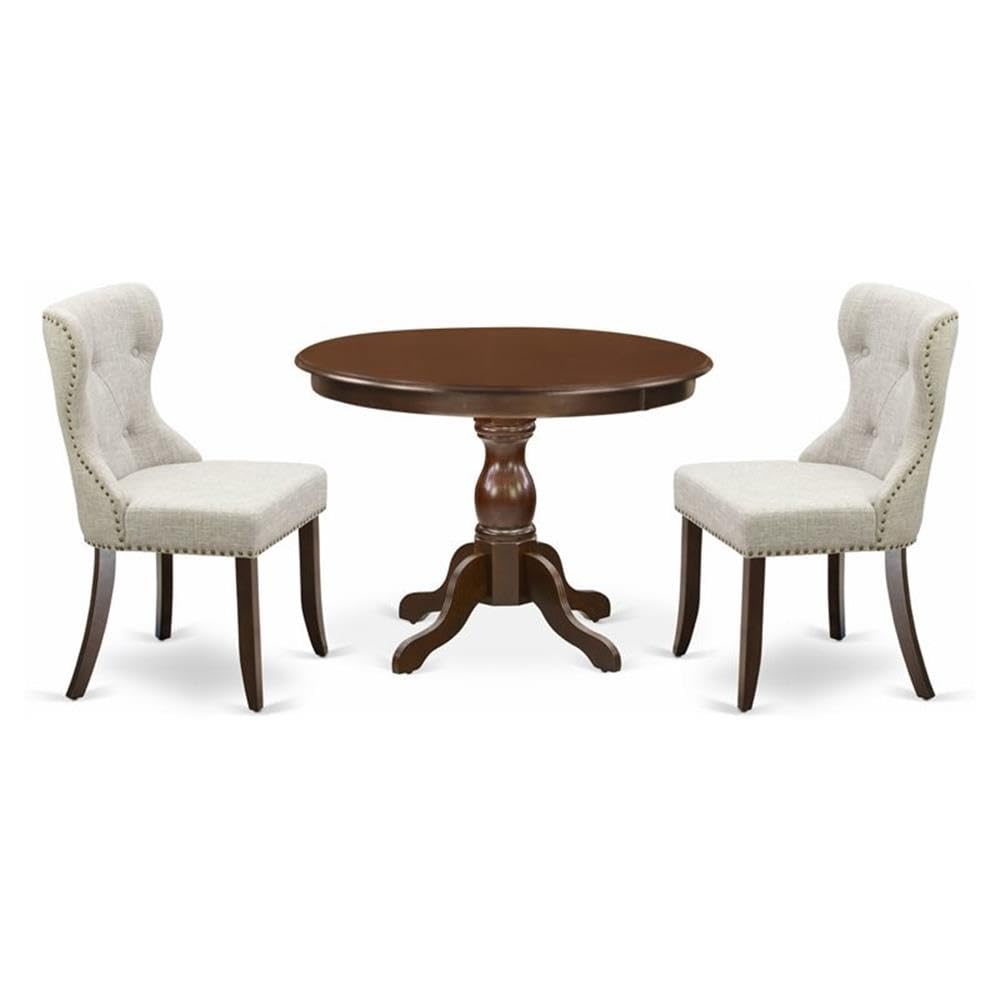 East West Furniture HBSI3-MAH-35 3 Piece Table Set - Mahogany Wood Table and 2 Doeskin Linen Fabric Kitchen Chairs Button Tufted Back with Nail Heads - Mahogany Finish