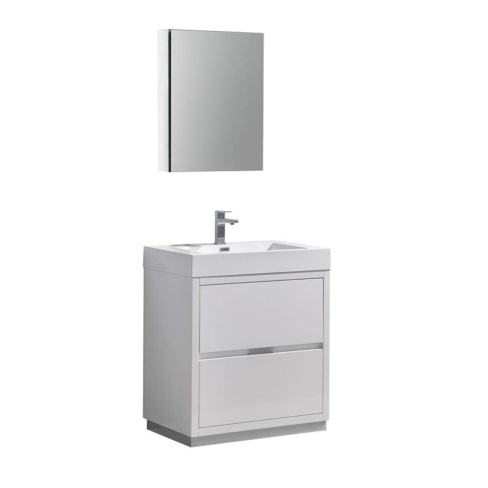 Fresca Valencia 30 Inch Glossy White Freestanding Modern Bathroom Vanity And Medicine Cabinet - Includes Integrated Sink With 2