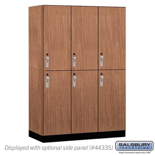 Salsbury 18 Wide Premier Wood Locker-Double Tier-3 Wide-6 Feet High-21” Deep-Red Oak-Silver Hasps