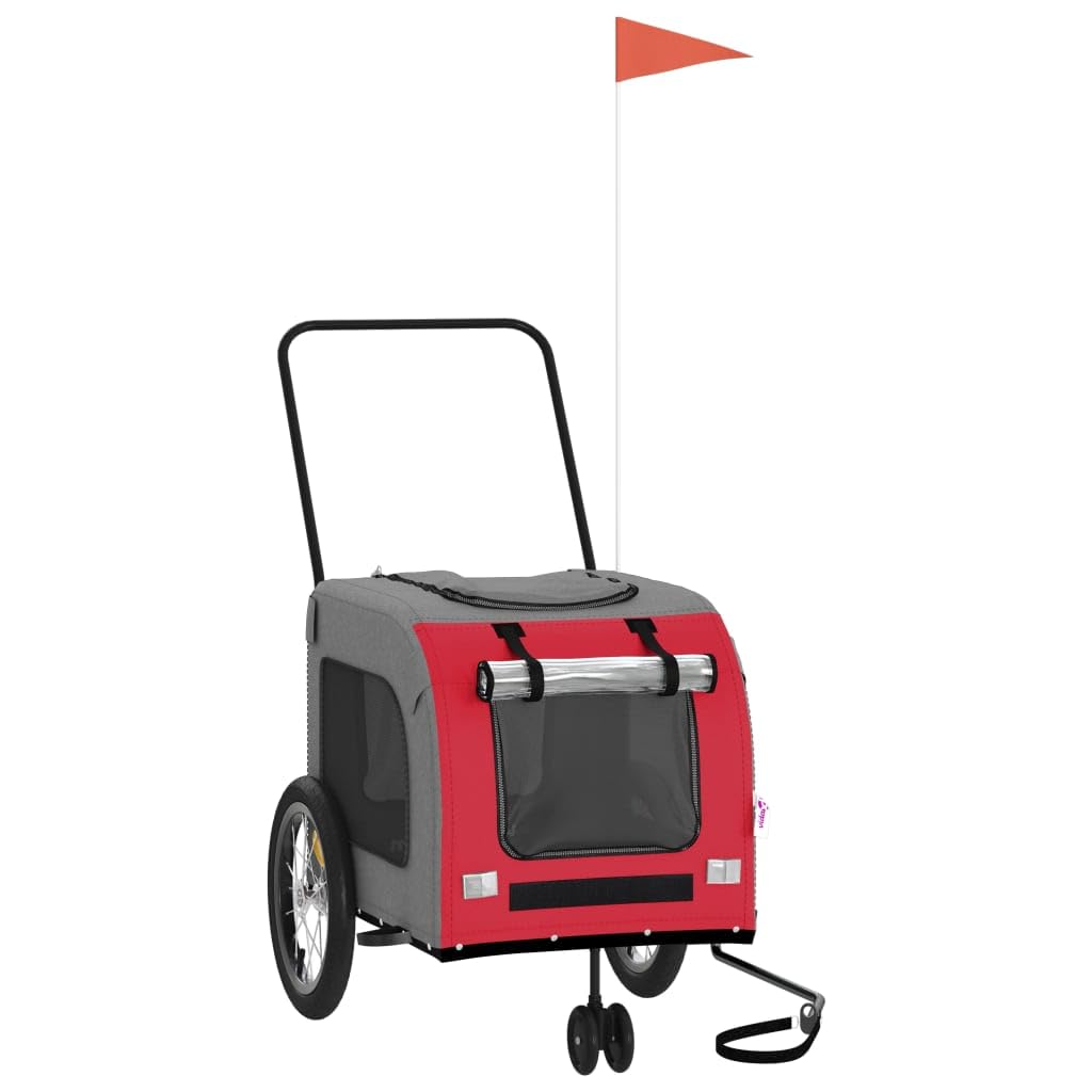 Vidaxl Pet Bike Trailer Red/Gray - Oxford Fabric & Iron - 24.8 X 47.6 X 25.6 In - Mesh Windows, Reflectors, Safety Flag - Max Load 99 Lbs