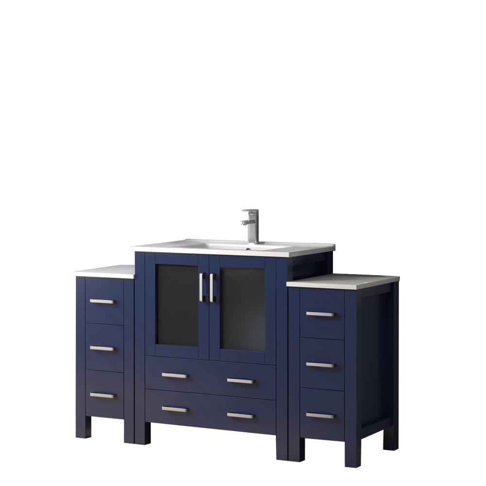 Volez 54 in W x 18.25 in D Navy Blue Single Bath Vanity with Side Cabinets, White Ceramic Top, and Faucet Set