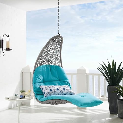 Casafoyer Landscape Wicker Rattan Outdoor Patio Porch Chaise Lounge Hanging Swing Chair in Light Gray, Turquoise