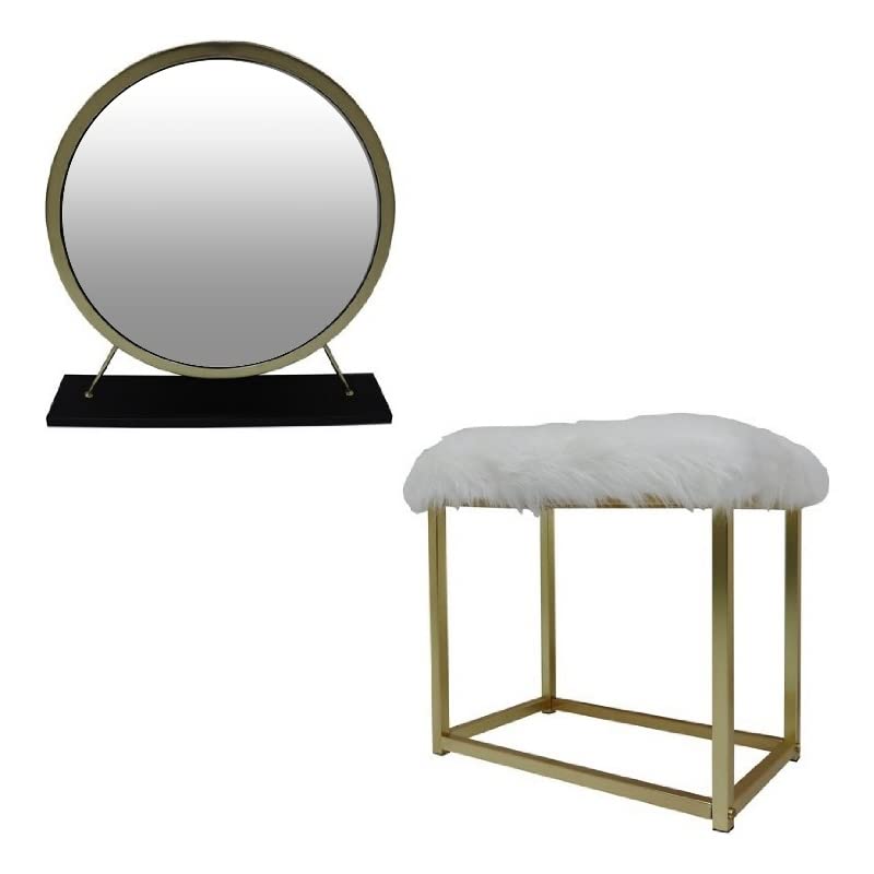 Rose Round Vanity Mirror with Stool, Faux Fur Seat, Brass, Black
