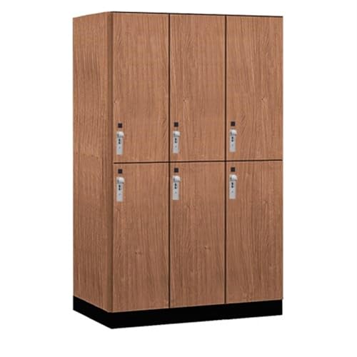 Salsbury 15 Wide Premier Wood Locker-Double Tier-3 Wide-6 Feet High-24” Deep-Red Oak-Silver Hasps