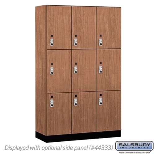 Salsbury 15 Wide Premier Wood Locker-Triple Tier-3 Wide-6 Feet High-18” Deep-Red Oak-Silver Resettable Combination Locks