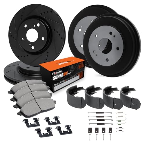 R1 Concepts Drilled and Slotted Black Disc Brake Rotor and Drum Set with Super Duty Pads, Shoes, and Hardware WHXH2-56031