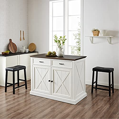 Casafoyer Furniture Clifton Kitchen Storage Island, Microwave Stand, Coffee Bar and Set of 2 Upholstered Saddle Stools, Distressed White/Black