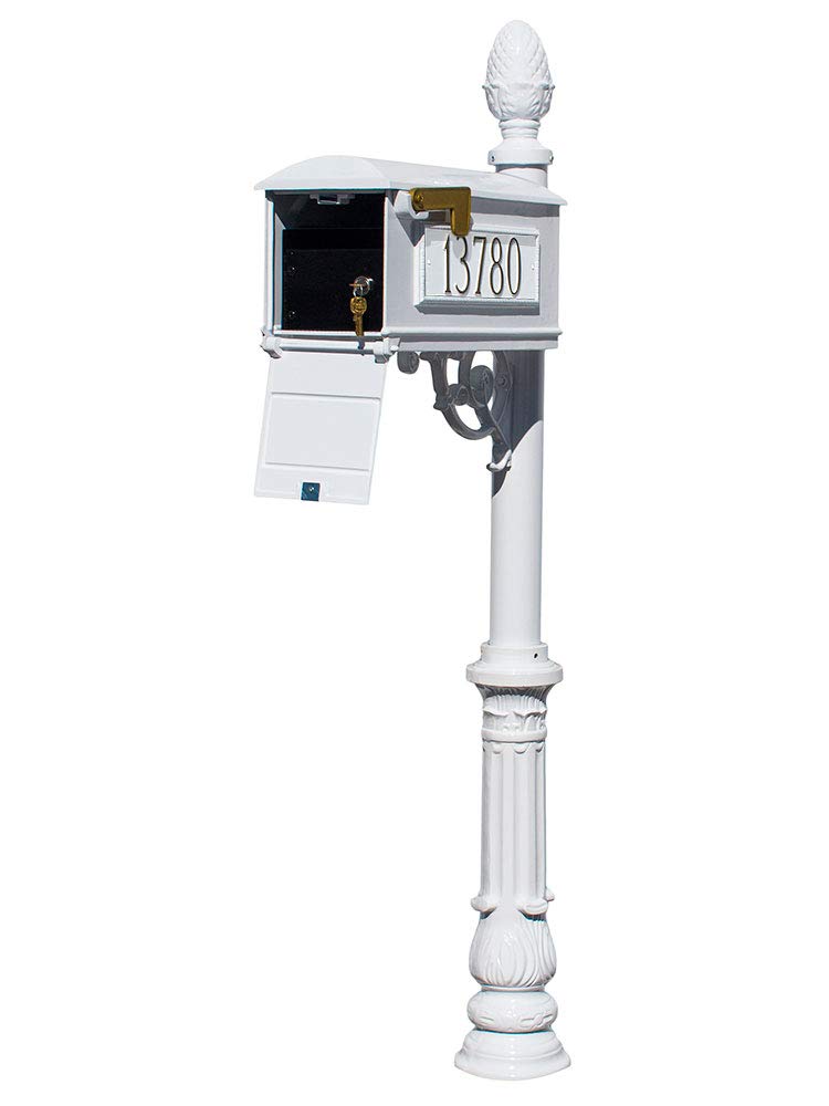 Lewiston Equine Mailbox Post System with Locking Insert, ornate base, pineapple finial and 3 cast aluminum personalized address plates, White
