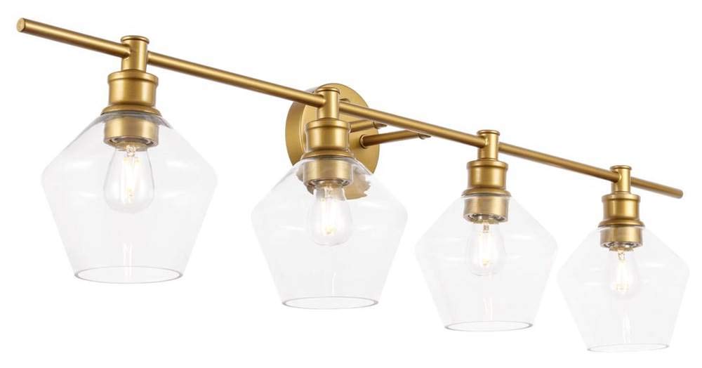 Living District Gene Industrial Mid-Century Modern 4 Light Entryway And Bathroom Wall Sconce In Brass And Clear Glass