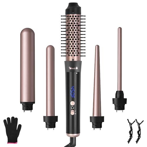 5 in 1 Curling Wand Hair Curling Iron Brush Anti-Tangle HairThermal Brush Curler with 4 Heating Levels 360 Rotatable Cable 5 Interchangeable Barrels