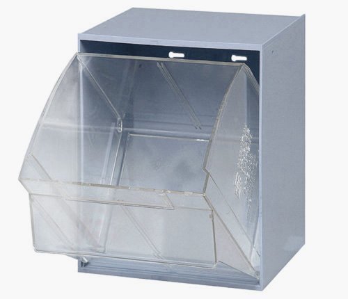 Tip Out Bin, (1) compartment, handle with label slot, opens to a 45 angle, plastic clear container, polystyrene gray cabinet, Made in USA