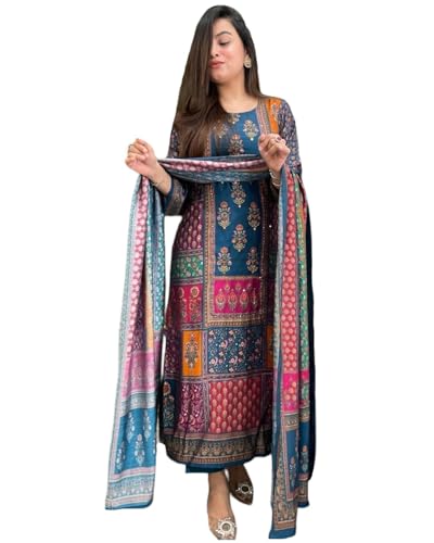Gosriki WomenS Rayon Viscose Printed Straight Kurta With Pant & Dupatta (Sula Multi-Vks04-Gs_M_Multi_Medium) Multicolour