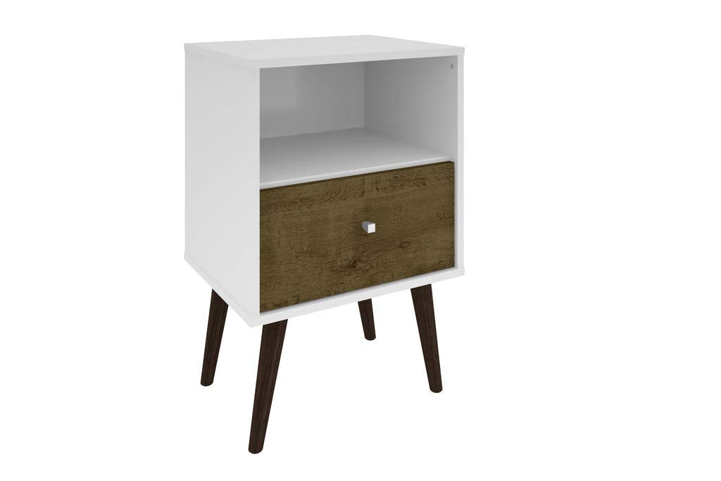 Liberty Mid Century - Modern Nightstand 1.0 with 1 Cubby Space and 1 Drawer in White and Rustic Brown with Solid Wood Legs