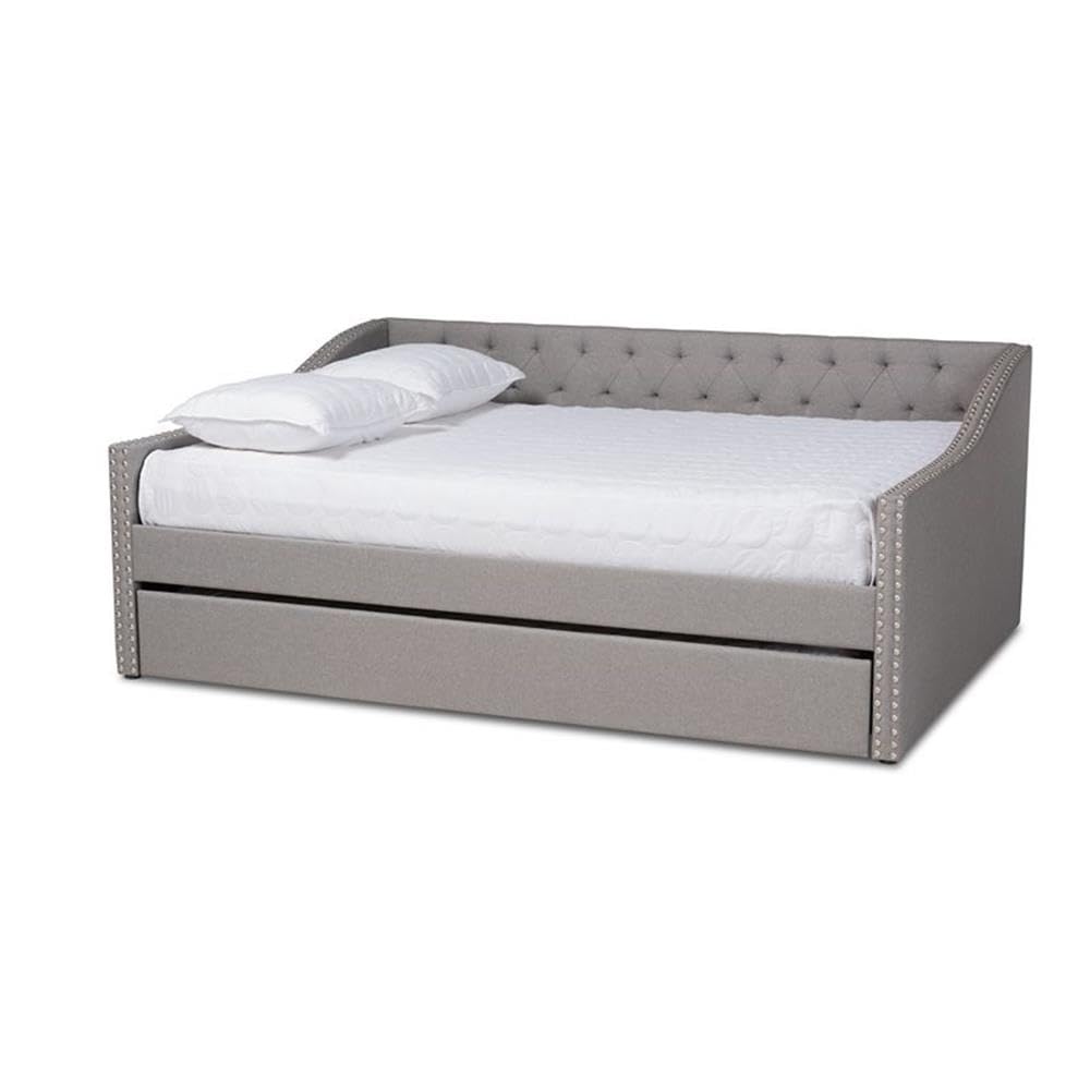 Baxton Studio Haylie Modern And Contemporary Light Grey Fabric Upholstered Queen Size Daybed With Roll-Out Trundle Bed