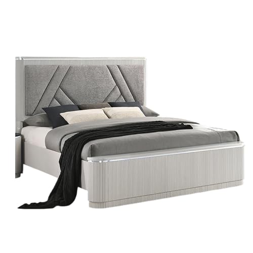 Vino Queen Bed, Gray Chevron Satin Fabric Upholstered, Solid Wood